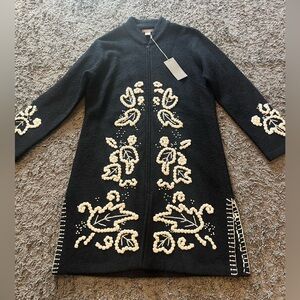 🤍KENAR new  Vintage black Wool Raised Design Long Cardigan Womens L 🖤